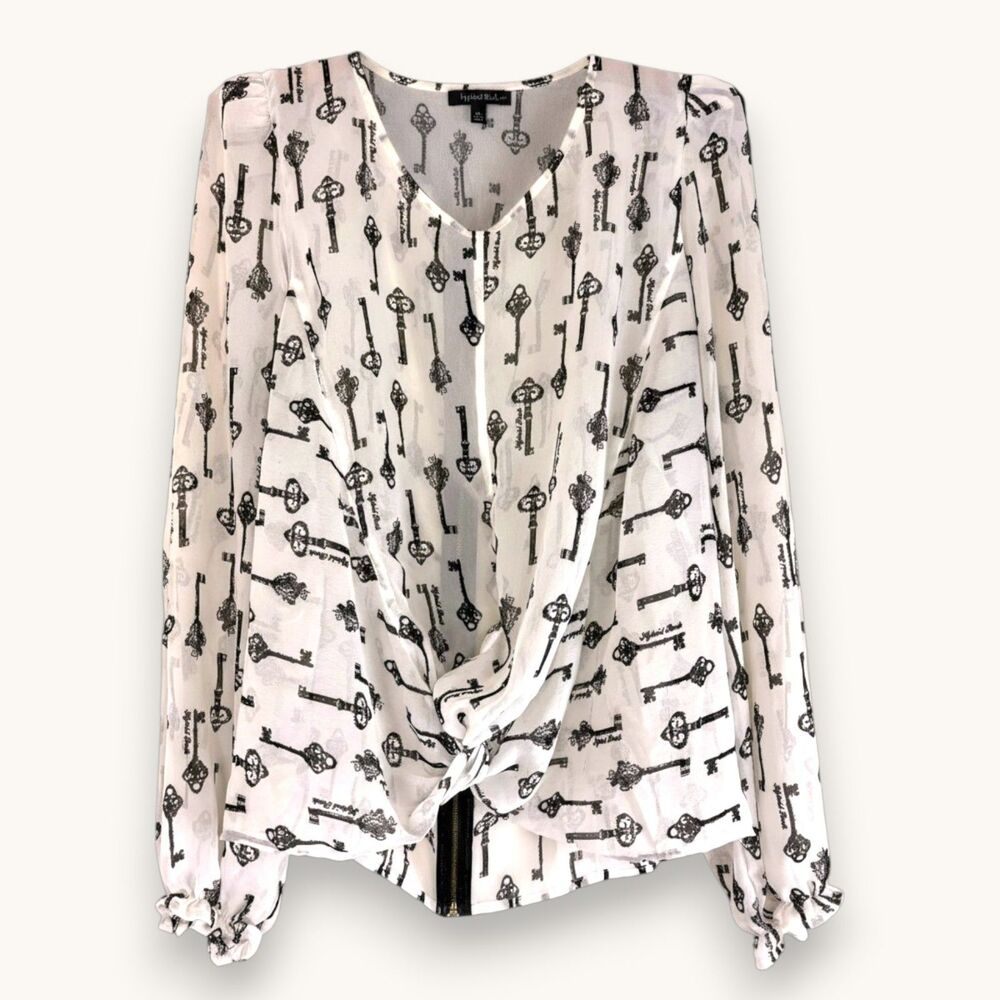Kingdom White Chiffon Blouse with Keys Print Front Knot SM